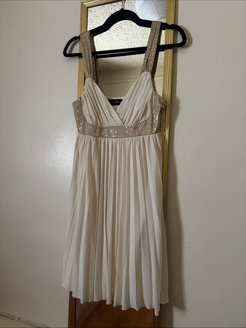 Appropriate Behavior Ivory Pleated Empire Waist Dress with Sequin Straps